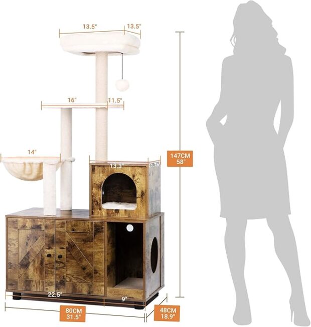 Cat Tree with Cat Litter Box Enclosure Hidden Cat Washroom Cabinet - Image 4